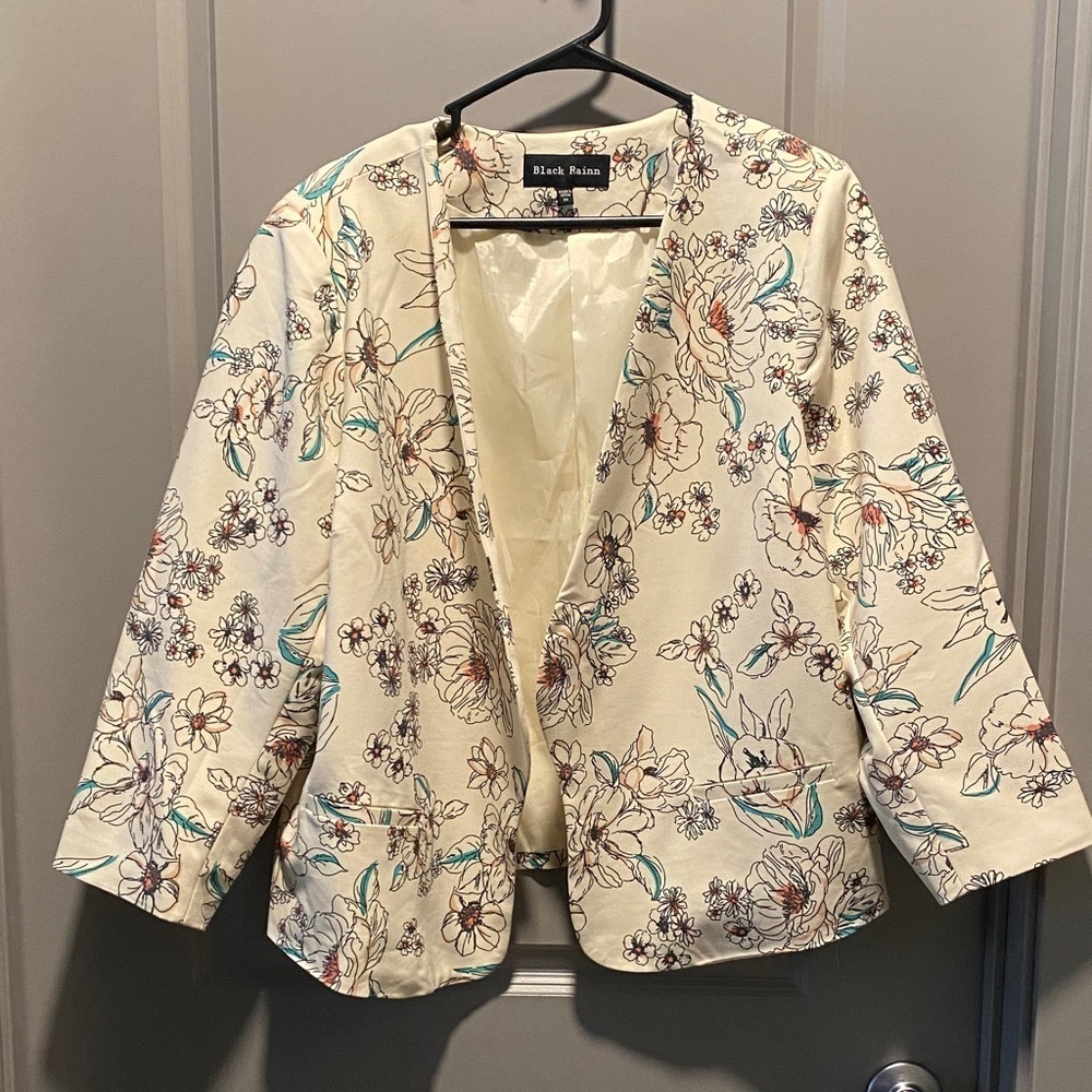 Cream Floral Blazer Womens 2X Lightweight Open Front Jacket Chic Layer